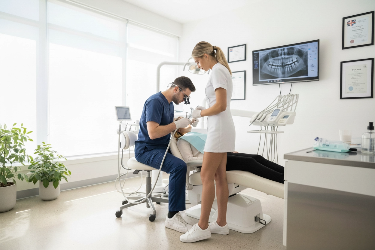 Dentist helping a patient while using a bookkeeper