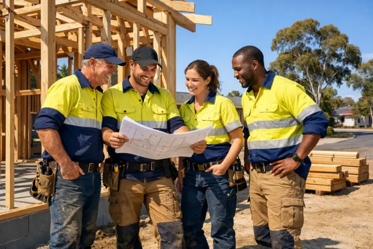 Happy tradies on a job site who use bookkeepers
